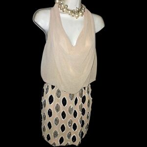 TFNC Elegant Beige and Black Halter Dress